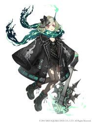 Rule 34 | 1girl, :o, absurdres, belt, boots, bow, breasts, cross-laced footwear, electric guitar, full body, green hair, guitar, hair bow, highres, horns, instrument, jacket, ji no, little match girl (sinoalice), looking at viewer, makeup, official art, oversized clothes, pantyhose, platform footwear, red eyes, scarf, short hair, single horn, sinoalice, sleeves past wrists, small breasts, solo, square enix, torn clothes, torn pantyhose, white background