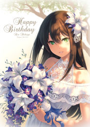 Rule 34 | 10s, 1girl, bare shoulders, blush, bouquet, brown hair, dress, flower, gradient background, green eyes, hair flower, hair ornament, idolmaster, idolmaster cinderella girls, long hair, looking at viewer, pinakes, shibuya rin, sleeveless, sleeveless dress, smile, solo, white dress