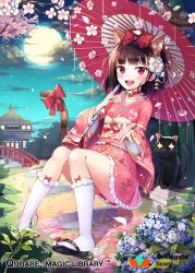 Rule 34 | 1girl, animal ears, black hair, blush, bow, cat ears, cat tail, character request, copyright request, hair bow, japanese clothes, kimono, kneehighs, looking at viewer, open mouth, parasol, pink kimono, qurare magic library, red bow, red eyes, sandals, shoonear, short hair, smile, socks, solo, tail, tail bow, tail ornament, teeth, umbrella, white socks