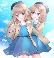 Rule 34 | 2girls, 9610 (kuroto), beret, black headwear, blonde hair, blue dress, blue eyes, blush, brown coat, buttons, coat, dress, feet out of frame, hat, highres, janus (kancolle), jervis (kancolle), kantai collection, long hair, long sleeves, multiple girls, open clothes, open coat, open mouth, short hair, smile