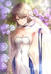 Rule 34 | 1girl, blue choker, blue ribbon, blurry, blurry background, blush, breasts, brown eyes, brown hair, choker, cleavage, commentary, depth of field, dress, flower, girls&#039; frontline, hair between eyes, hands up, head tilt, looking at viewer, medium breasts, melings (aot2846), official alternate costume, parted lips, purple flower, revision, ribbon, see-through, short hair, solo, standing, strapless, strapless dress, vector (ardent devotion) (girls&#039; frontline), vector (girls&#039; frontline), veil, white dress