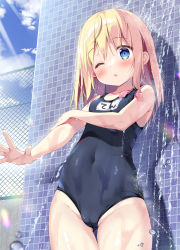 Rule 34 | 1girl, blonde hair, blue eyes, blue one-piece swimsuit, blush, breasts, cameltoe, cloud, covered navel, gluteal fold, groin, one-piece swimsuit, one eye closed, original, outdoors, outstretched arm, pan (mimi), school swimsuit, short hair, showering, sky, small breasts, solo, swimsuit, thigh gap, thighs, tight clothes, tile wall, tiles, wet, wet clothes, wet swimsuit