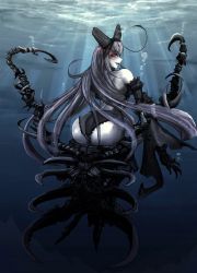 Rule 34 | 10s, 1girl, abyssal ship, ass, bow, claws, commentary request, gauntlets, glowing, glowing eyes, hair bow, highres, kantai collection, lolita fashion, long hair, looking back, panties, pepii, red eyes, seaplane tender princess, smirk, thighs, underwater, underwear, very long hair