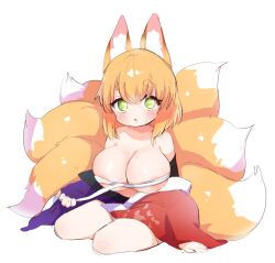 Rule 34 | 1girl, animal ear fluff, animal ears, areola slip, blonde hair, blush, breasts, cleavage, covering nipples, covering privates, done (donezumi), eyelashes, fox ears, fox girl, fox tail, green eyes, highres, japanese clothes, kitsune, kyuubi, large breasts, looking at viewer, medium hair, multiple tails, oppai loli, original, simple background, solo, sweat, tail, thick eyebrows, white background