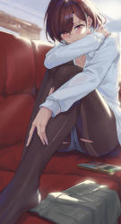 Rule 34 | 1girl, absurdres, black pantyhose, brown hair, commentary request, couch, foreshortening, grey skirt, hair ornament, hairclip, highres, higuchi madoka, idolmaster, idolmaster shiny colors, knees up, li-mi, long sleeves, looking at viewer, mole, mole under eye, panties, panties under pantyhose, pantyhose, pleated skirt, shirt, short hair, sitting, skirt, unworn skirt, solo, sunlight, swept bangs, torn clothes, torn pantyhose, underwear, white shirt