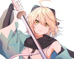 Rule 34 | 1girl, ahoge, arm guards, artist name, bare shoulders, black bow, black scarf, blonde hair, bow, breasts, commentary request, expressionless, fate/grand order, fate/type redline, fate (series), hair between eyes, hair bow, haori, holding, holding sword, holding weapon, japanese clothes, katana, kimono, koha-ace, long sleeves, looking at viewer, okita souji (fate), okita souji (koha-ace), parted lips, scarf, shinsengumi, short hair, simple background, sleeveless, sleeveless kimono, solo, sword, uniform, upper body, weapon, white background, white kimono, wide sleeves, yellow eyes, yui (tamagohan)