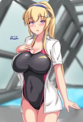Rule 34 | 1girl, alternate hairstyle, black one-piece swimsuit, blonde hair, blue hairband, blurry, blurry background, blush, breasts, cleavage, commentary request, competition swimsuit, cowboy shot, dated, dress shirt, fletcher (kancolle), hair bun, hair ornament, hairband, hand on own chest, highres, kantai collection, large breasts, long hair, long sleeves, looking at viewer, montemasa, one-piece swimsuit, open clothes, open mouth, open shirt, partial commentary, ponytail, pool, purple eyes, rei no pool, shirt, single hair bun, solo, star (symbol), star hair ornament, swimsuit, twitter username, white shirt