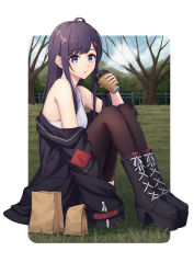 Rule 34 | 1girl, :o, ahoge, bag, bare shoulders, bare tree, black footwear, black hair, black hoodie, blue eyes, boots, brown pantyhose, cup, day, disposable cup, fence, grass, hair ornament, hairclip, hand up, highres, holding, holding cup, hood, hoodie, hoodier, knee boots, knees up, long hair, long sleeves, looking at viewer, off shoulder, original, outdoors, outside border, pantyhose, paper bag, parted lips, picnic, shirt, shopping bag, sidelocks, sitting, solo, steam, tank top, tree, white shirt