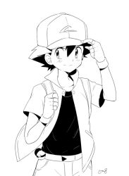Rule 34 | adjusting clothes, adjusting headwear, artist name, ash ketchum, bad id, bad pixiv id, baseball cap, belt, closed mouth, collarbone, creatures (company), fingerless gloves, game freak, gloves, greyscale, hair between eyes, hands up, happy, hat, jacket, jpeg artifacts, looking to the side, male focus, mei (maysroom), monochrome, nintendo, pants, poke ball, pokemon, pokemon (anime), pokemon (classic anime), shirt, short hair, short sleeves, signature, sketch, smile, standing
