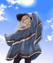 Rule 34 | 1boy, blonde hair, cloud, cloudy sky, cosmology (mgncosmo), cowboy hat, cowboy shot, fate/grand order, fate (series), hat, highres, long hair, looking at viewer, male focus, official alternate costume, orange-tinted eyewear, outdoors, poncho, sky, smile, solo, sunglasses, tezcatlipoca (fate), tinted eyewear