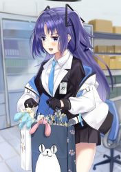Rule 34 | 1girl, bag, black gloves, blue archive, blurry, blurry background, box, commentary request, figure, gloves, gundam, hair ornament, harue narika, id card, jacket, long hair, looking at viewer, necktie, paper bag, purple eyes, purple hair, solo, yuuka (blue archive)