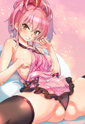 Rule 34 | 10s, 1girl, apron, areola slip, ass, black panties, black thighhighs, breasts, female focus, folded ponytail, hand on own chest, hand to own mouth, idolmaster, idolmaster cinderella girls, jougasaki mika, large breasts, long hair, looking at viewer, naked apron, panties, parted lips, partially visible vulva, pink background, pink hair, sitting, skindentation, solo, spread legs, tamon ketsuyuki, thighhighs, thighs, thong, tsurime, underwear, yellow eyes
