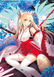 Rule 34 | 1girl, animal, bare shoulders, bird, blonde hair, blue eyes, blush, branch, breasts, cardfight!! vanguard, commentary request, earrings, feathers, feet out of frame, frilled skirt, frills, hair ornament, hakama, hakama skirt, hand up, holding, japanese clothes, jewelry, legs, long hair, looking at viewer, medium breasts, nontraditional miko, official art, open mouth, owl, polearm, simple background, sitting, skirt, smile, thighhighs, thighs, tony taka, weapon, wide sleeves, yin yang, yin yang print, zettai ryouiki
