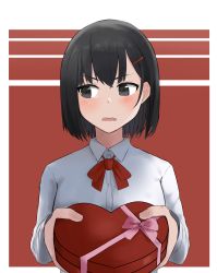 Rule 34 | absurdres, averting eyes, black eyes, black hair, blush, bob cut, bow, bowtie, box, box of chocolates, chocolate, commentary, dress shirt, embarrassed, english commentary, foreshortening, furrowed brow, giving, hair between eyes, hair ornament, hairclip, heart-shaped box, highres, long sleeves, mixed-language commentary, nervous, open mouth, original, outside border, pink ribbon, red background, red bow, red ribbon, ribbon, school uniform, shirt, short hair, solo, striped, striped background, ulette, upper body, valentine, wavy mouth, white shirt