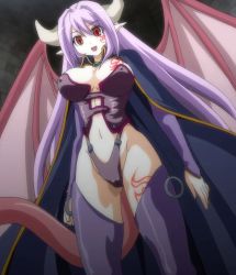 Rule 34 | 1girl, alma elma, breast tattoo, breasts, cameltoe, demon girl, demon wings, female focus, happy, highres, horns, large breasts, long hair, mon-musu quest!, pointy ears, purple hair, red eyes, screencap, solo, stitched, tail, tattoo, third-party edit, thong, very long hair, wide hips, wings