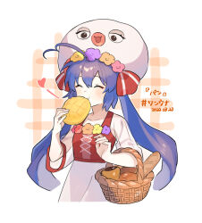 Rule 34 | 1girl, :t, ^ ^, ahoge, baguette, basket, blue eyes, blue hair, blush, bread, closed eyes, cropped torso, cross-laced clothes, dated, dress, eating, eel hat, flower wreath, food, happy, hat, head wreath, heart, holding, holding food, long hair, melon bread, otomachi una, plaid, plaid background, red vest, see-through, see-through sleeves, sidelocks, sleeves past elbows, solo, suiso sn3, twintails, very long hair, vest, vocaloid, white background, white dress, white hat