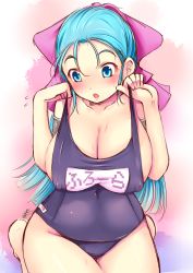 Rule 34 | 1girl, areola slip, blue eyes, blue hair, blush, bow, breasts, cleavage, clothes pull, collarbone, covered erect nipples, curvy, dragon quest, dragon quest v, female focus, flora (dq5), highres, katori (mocchidou), large breasts, long hair, matching hair/eyes, one-piece swimsuit, one-piece swimsuit pull, open mouth, pink bow, plump, price tag, school swimsuit, sideboob, sitting, solo, swimsuit, thick thighs, thighs, wide hips