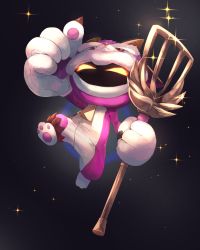 Rule 34 | 1boy, absurdres, black background, cosplay, furyhorn cosplay veigar, glowing, glowing eyes, gradient background, highres, holding, holding spatula, horns, league of legends, ohako (ohako1818), oversized object, sparkle, spatula, veigar, yordle