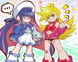 Rule 34 | 2girls, ahoge, bandaid, bandaid on knee, bandaid on leg, blonde hair, blue hair, blue jacket, breasts, bright pupils, cleavage, commentary, commentary typo, cosplay, dress, duel monster, earrings, hand up, hat, highres, holding, jacket, jewelry, ki-sikil (yu-gi-oh!), lewdamone, lil-la (yu-gi-oh!), live twin ki-sikil, live twin lil-la, long hair, multicolored hair, multiple girls, open clothes, panty &amp; stocking with garterbelt, panty (psg), parody, pointing, pointy hair, red jacket, ribbon, siblings, sisters, smile, stocking (psg), stuffed toy, white pupils, yu-gi-oh!
