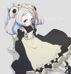 Rule 34 | 1girl, apron, bloody marie (skullgirls), brooch, character name, dress, exposed bone, fire, frilled apron, frilled dress, frills, grey background, grey hair, hair ornament, half-closed eyes, iii (artist), jewelry, looking up, maid headdress, mary janes, red eyes, ribs, shoes, sitting, skull hair ornament, skullgirls, solo, twintails