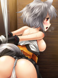 Rule 34 | 1girl, animal ears, ass, bdsm, blush, bondage, bound, breasts, bridal gauntlets, female focus, fundoshi, inubashiri momiji, japanese clothes, kei kei, large breasts, looking at viewer, looking back, no headwear, no headwear, off shoulder, open mouth, red eyes, short hair, silver hair, solo, sweat, tail, tears, touhou, wolf ears, wolf tail