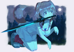 Rule 34 | 1girl, 54hao, all fours, animal ears, blurry, blurry background, blush, breasts, cleavage, dark souls (series), dark souls i, dog ears, dog girl, dog tail, forest, full body, highres, holding, holding sword, holding weapon, hololive, inugami korone, inugami korone (1st costume), large breasts, medium hair, meme, moon, nature, night, parody, shoes, solo, sword, tail, virtual youtuber, weapon, weapon in mouth