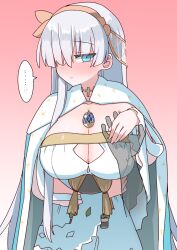 Rule 34 | ..., 1girl, akitokage, anastasia (fate), blue cloak, blue eyes, blush, breasts, cleavage, cloak, doll, dress, fate/grand order, fate (series), fur trim, hair over one eye, hairband, highres, huge breasts, jewelry, long hair, looking at viewer, neck ring, necklace, pendant, very long hair, viy (fate), white dress, white hair