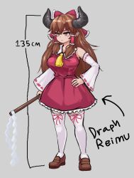 Rule 34 | 1girl, breasts, brown eyes, brown hair, cow horns, d0tstep, draph, gohei, granblue fantasy, hakurei reimu, highres, horns, japanese clothes, large breasts, miko, shortstack, thighhighs, touhou