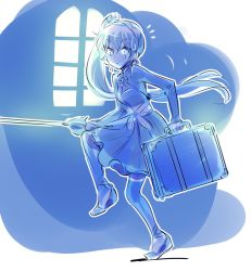 Rule 34 | 1girl, blue eyes, breasts, cleavage, commentary, full body, iesupa, myrtenaster, ponytail, rwby, scar, scar across eye, scar on face, small breasts, sneaking, solo, suitcase, sweatdrop, weiss schnee, white hair, window
