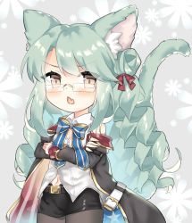 Rule 34 | 1girl, american flag, american flag print, animal ear fluff, animal ears, arm belt, azur lane, bare shoulders, belt, black coat, black pantyhose, black skirt, blue bow, blush, bow, bowtie, cat ears, cat tail, clothing cutout, coat, collared shirt, commentary request, cowboy shot, crossed arms, drill hair, fang, flag print, flat chest, floral background, glasses, green hair, grey background, hair between eyes, hair bow, hair bun, highres, juugou taki, kemonomimi mode, langley (azur lane), long hair, long sleeves, looking at viewer, miniskirt, navel, navel cutout, off-shoulder coat, off shoulder, open clothes, open coat, open mouth, pantyhose, red bow, shirt, side bun, sidelocks, simple background, single hair bun, single side bun, skin fang, skirt, sleeveless, sleeveless shirt, solo, standing, swept bangs, tail, white belt, white shirt, yellow eyes