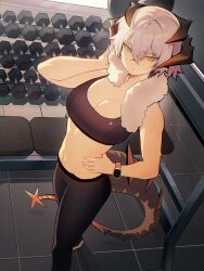 Rule 34 | 1girl, absurdres, arknights, bare arms, bare shoulders, black pants, commentary, crop top, distr, dumbbell, highres, horns, leggings, midriff, navel, pants, saria (arknights), short hair, solo, sports bra, standing, stomach, tail, towel, towel around neck, white hair