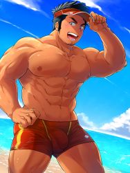 Rule 34 | 1boy, abs, bara, bare pectorals, beach, black hair, bulge, commentary request, cowboy shot, day, facial hair, flaccid, hand on own hip, highres, large pectorals, lifeguard, long sideburns, looking at viewer, male focus, male swimwear, mature male, muscular, muscular male, navel, nipples, ocean, original, paid reward available, pectorals, red headwear, red male swimwear, short hair, sideburns, smile, solo, stomach, stubble, swim trunks, tepen (tptptpn), thick thighs, thighs, wet