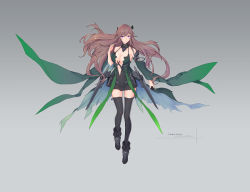 Rule 34 | 1girl, bare shoulders, black dress, black footwear, black thighhighs, boots, breasts, brown hair, cape, character request, cleavage, closed mouth, collarbone, dress, floating hair, green cape, grey background, hand up, large breasts, long hair, looking at viewer, pixiv fantasia, pixiv fantasia last saga, purple eyes, short dress, sleeveless, sleeveless dress, solo, swd3e2, thighhighs, thighhighs under boots, torn cape, torn clothes, translation request, very long hair