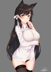 Rule 34 | 1girl, absurdres, animal ears, arm under breasts, atago (azur lane), azur lane, black hair, black panties, black thighhighs, blush, breasts, brown eyes, closed mouth, collared shirt, commentary, extra ears, hair ribbon, hand up, highres, large breasts, long hair, looking at viewer, mole, mole under eye, panties, ribbon, shirt, signature, skindentation, smile, solo, swept bangs, thighhighs, underwear, white ribbon, white shirt, xiao dao jun