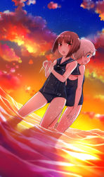 Rule 34 | 10s, 2girls, :d, :o, adapted costume, ass, back-to-back, bare shoulders, blue eyes, blunt bangs, brown eyes, brown hair, comah, dusk, dutch angle, highres, kantai collection, looking at viewer, looking back, multiple girls, neckerchief, old school swimsuit, one-piece swimsuit, open mouth, profile, sailor collar, school swimsuit, short hair, silver hair, smile, swimsuit, wading, z1 leberecht maass (kancolle), z3 max schultz (kancolle)