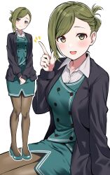 Rule 34 | 1girl, absurdres, black cardigan, blush, breasts, brown pantyhose, buttons, cardigan, double-breasted, folded ponytail, green eyes, green hair, green skirt, green vest, highres, idolmaster, idolmaster shiny colors, looking at viewer, medium breasts, multiple views, nanakusa hazuki, office lady, own hands together, pantyhose, pencil skirt, simple background, single sidelock, skirt, smile, solo, swept bangs, totoki86, vest, white background