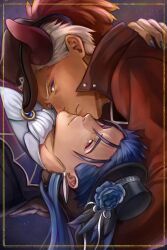Rule 34 | 2boys, archer (fate), ascot, black gloves, black headwear, blue flower, blue hair, blue nails, blue rose, brooch, brown headwear, coat, commentary, cu chulainn (fate), earrings, english commentary, eyeliner, fate/stay night, fate (series), flower, gloves, gravesecrets, halloween, hat, hat feather, highres, jewelry, male focus, mini hat, multiple boys, nail polish, parted lips, purple eyeliner, red coat, red nails, rose, rotational symmetry, short hair, smile, tan, white ascot, white hair