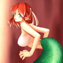 Rule 34 | 1girl, bandeau, bare shoulders, blue eyes, breasts, hair ornament, highres, lamia, large breasts, leaning, leaning forward, looking back, monster girl, naga (p&amp;d), open mouth, pointy ears, puzzle &amp; dragons, red hair, scales, short hair, smile, snake tail, solo, tail, unier