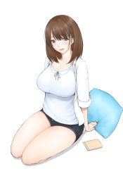 Rule 34 | 1girl, anegasaki nene, bad id, bad pixiv id, breasts, brown eyes, brown hair, denim, denim shorts, highres, large breasts, libre, looking at viewer, love plus, mole, mole under eye, pillow, seiza, shorts, simple background, sitting, solo, white background