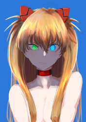 Rule 34 | 1girl, absurdres, alternate eye color, blue background, blue eyes, breasts, breasts squeezed together, brown hair, evangelion: 3.0+1.0 thrice upon a time, feet out of frame, green eyes, hair over breasts, heterochromia, highres, long hair, looking at viewer, medium breasts, murderdoll1641, neon genesis evangelion, nude, rebuild of evangelion, shaded face, simple background, smile, solo, souryuu asuka langley, two side up, upper body, very long hair