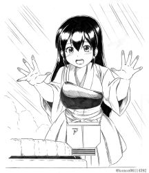 Rule 34 | 1girl, against glass, akagi (kancolle), apron, drooling, greyscale, japanese clothes, kantai collection, kudou (ooabareteng), lineart, long hair, monochrome, muneate, one-hour drawing challenge, solo, straight hair, tasuki, twitter username, upper body
