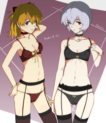 Rule 34 | 2016, 2girls, alternate hair length, alternate hairstyle, arm at side, arm behind head, arm up, armpits, ayanami rei, black bra, black eyes, black legwear, black panties, blue eyes, blue hair, blush, bow, bow bra, bow panties, bra, bracelet, breasts, character name, choker, cleavage, closed mouth, cowboy shot, dated, earrings, expressionless, eyebrows, from side, garter belt, garter straps, gradient background, grey background, groin, hair between eyes, hair ornament, hand on own hip, highres, jewelry, konbari tariumu, lace, lace-trimmed bra, lace trim, legs together, looking at viewer, medium breasts, multicolored eyes, multiple girls, navel, neon genesis evangelion, orange hair, outside border, panties, pulling own clothes, red bra, red eyes, red panties, shade, short hair, silver hair, skinny, souryuu asuka langley, standing, strap pull, string, string panties, thigh gap, thighhighs, two side up, underwear, underwear only, yellow bow