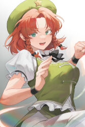 Rule 34 | 1girl, :d, absurdres, alternate hair length, alternate hairstyle, beret, black ribbon, black wristband, braid, breasts, clenched hand, fighting stance, frilled shirt, frills, green eyes, green hat, green skirt, green vest, hat, highres, hong meiling, medium breasts, medium hair, neck ribbon, open mouth, pants, parted bangs, puffy short sleeves, puffy sleeves, red hair, ribbon, sarukana, shirt, short sleeves, skirt, smile, solo, touhou, twin braids, underpants, upper body, vest, white pants, white shirt