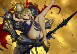Rule 34 | 1girl, ariverkao, arm up, armor, ass, blonde hair, breasts, brown eyes, cleavage, detached collar, dress, large breasts, leg up, original, short hair, signature, skeleton, strapless, strapless dress