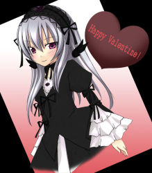Rule 34 | 00s, 1girl, black dress, black ribbon, bow, cowboy shot, dress, frilled sleeves, frills, hairband, happy valentine, headband, heart, juliet sleeves, lolita hairband, long hair, long sleeves, looking at viewer, pink background, puffy long sleeves, puffy sleeves, purple eyes, ribbon, rozen maiden, silver hair, simple background, solo, suigintou, takami ryo, takami ryou, valentine, wings