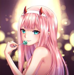 Rule 34 | 10s, 1girl, aqua eyes, bad id, bad pixiv id, blurry, blurry background, blush, candy, closed mouth, darling in the franxx, depth of field, food, from side, holding, holding candy, holding food, holding lollipop, horns, lollipop, long hair, looking at viewer, looking to the side, nami (nyaa), nude, pink hair, smile, solo, upper body, very long hair, zero two (darling in the franxx)
