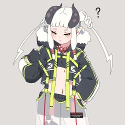 Rule 34 | 1girl, ?, bead necklace, beads, black gloves, black jacket, black shorts, blush, commentary request, curled horns, fingerless gloves, gloves, grey background, hand on own hip, highres, horns, jacket, jewelry, kuro kosyou, long hair, long sleeves, navel, necklace, open clothes, open jacket, original, parted lips, pointy ears, puffy long sleeves, puffy sleeves, see-through, short eyebrows, short shorts, shorts, simple background, solo, standing, thick eyebrows, twintails, white hair, yellow eyes