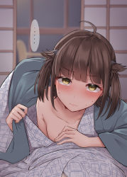 Rule 34 | ..., 1boy, 1girl, absurdres, ahoge, alternate costume, blanket, blush, breasts, brown hair, cleavage, closed mouth, collarbone, downblouse, hatsuzuki (kancolle), highres, indoors, japanese clothes, kantai collection, kimono, kiritto, long sleeves, looking at viewer, lying, short hair, small breasts, solo focus, speech bubble, spoken ellipsis, sweat, sweatdrop, under covers, yellow eyes, yukata