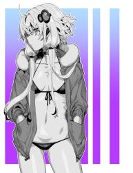 Rule 34 | 1girl, ahoge, bikini, choker, closed mouth, collarbone, eyes visible through hair, fur-trimmed jacket, fur trim, gluteal fold, gradient background, greyscale, hands in pockets, highres, jacket, long hair, monochrome, navel, short hair with long locks, solo, standing, swimsuit, twintails, vocaloid, w nijuuyon, yuzuki yukari