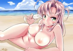 Rule 34 | 10s, 1girl, antenna hair, beach, blush, breasts, cloud, cum, cum in container, cum in cup, cum on body, cum on breasts, cum on upper body, cup, drinking glass, female pubic hair, green eyes, highres, holding, holding cup, horizon, kantai collection, kinugasa (kancolle), long hair, looking at viewer, lying, navel, nipples, nude, on side, outdoors, pink hair, pouring, pouring onto self, pubic hair, smile, soba chatarou (tita), solo, water, wine glass
